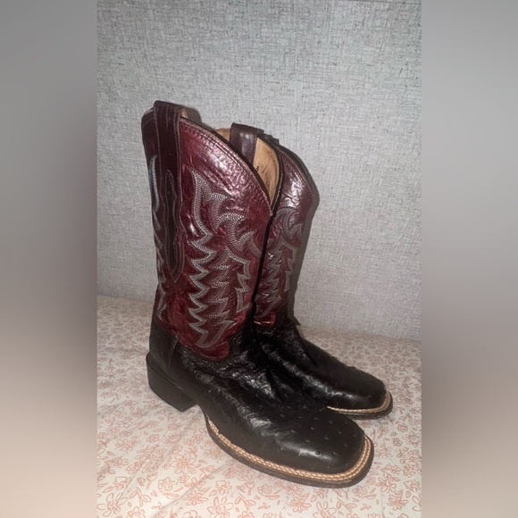 Tony Lama Black Full Quill Ostrich and Dark Red Square Toe Boot - Picture 1 of 5
